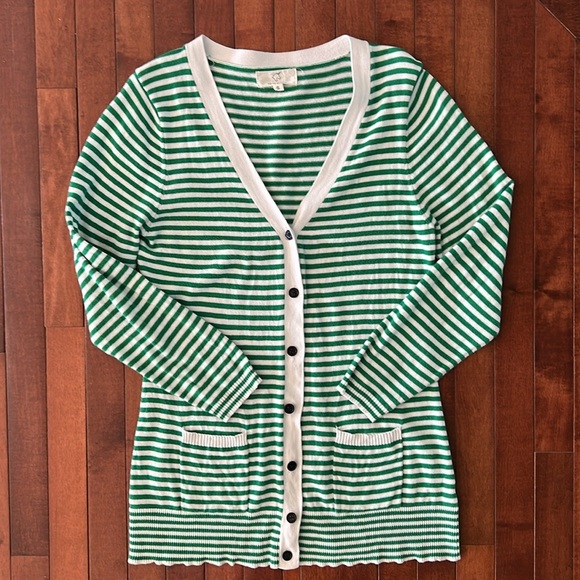 Women’s Green and White Stripe Black Button Vneck Long Cardigan Sweater Small - Picture 1 of 5